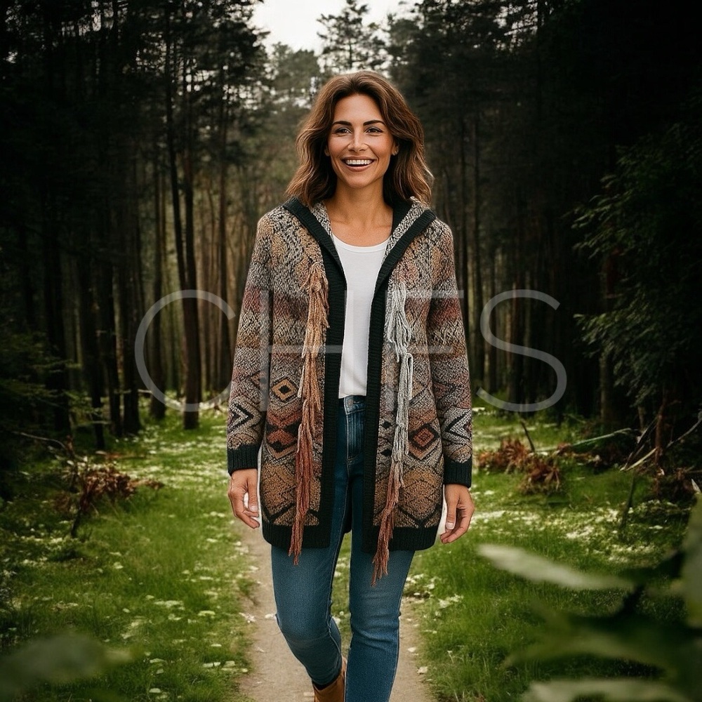 IDYLLWIND Miranda Lambert Tribal Boho Aztec Wool Blend Cardigan Fringe Sweater
